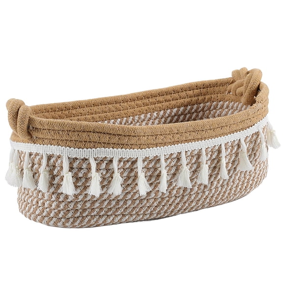 12.6 x 6.9 x 4 Inch Cotton Woven Basket Boho Organizer Bins Tan Macrame Style Tassel Rope Small Storage Holder Basket Box for Home Bedroom Living