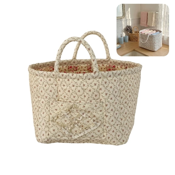 12.6"x10.2"x9.8" Quilted Fabric Storage Basket Boho Floral Laundry Baskets with Handles Collapsible Quilted Soft Basket for Car, Clothes, Toys Storage