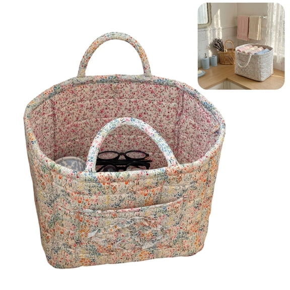 12.6"x10.2"x9.8" Quilted Fabric Storage Basket Boho Floral Laundry Baskets with Handles Collapsible Quilted Soft Basket for Car, Clothes, Toys Storage