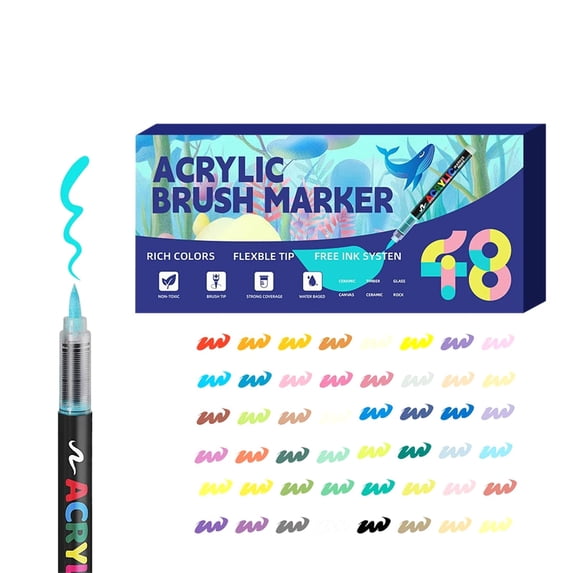 12 to 60 Colors Acrylic Paint Markers, Soft Brush Tip Pens, Automatic Ink Control No Bleed Markers Set for Wood, Stone, Canvas, Glass, Fabric, Egg, Rock Painting and DIY,48 Pieces,5.5x0.5"