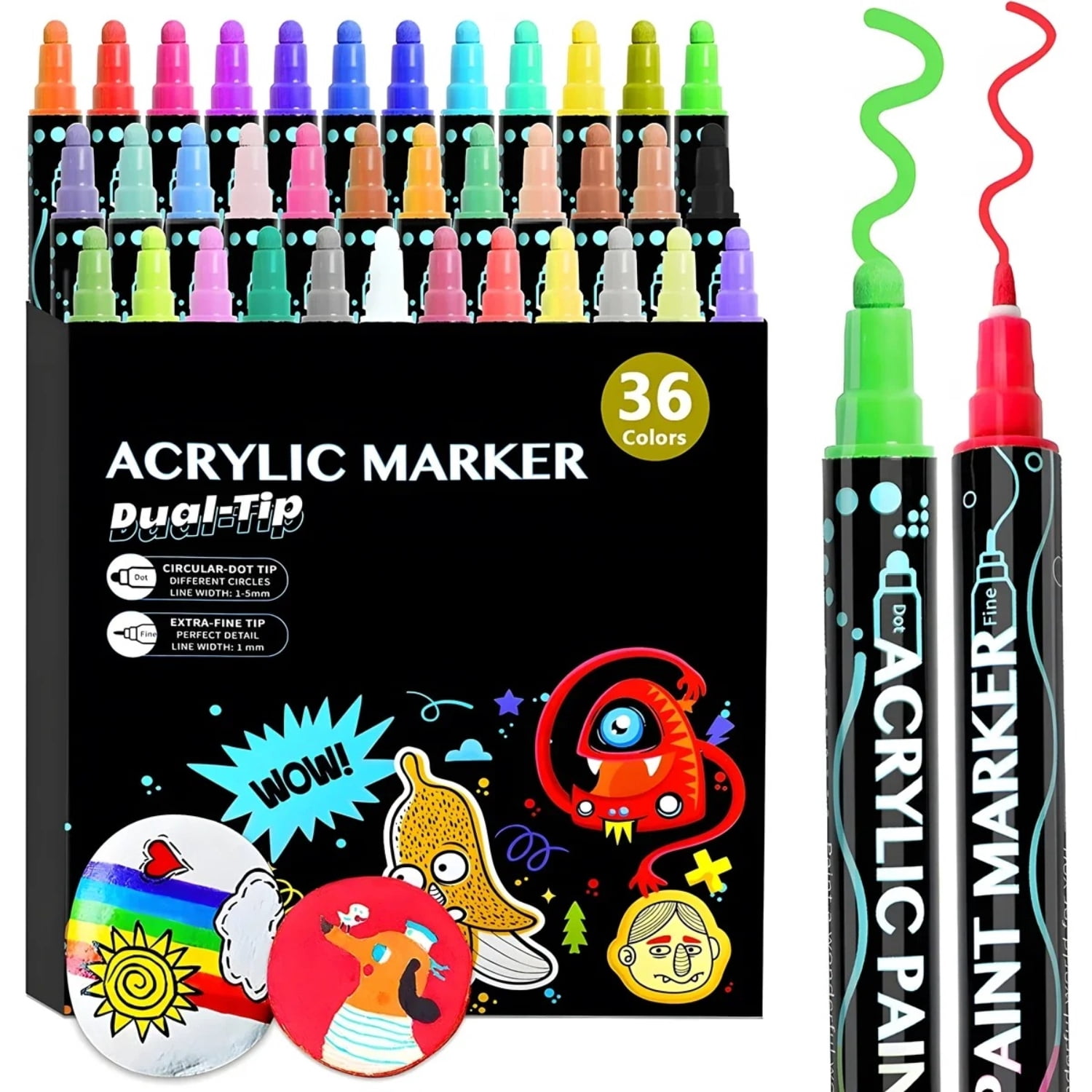 12-60 Colors Dual Tip Acrylic Paint Markers, Brush Tip and Fine Tip Acrylic Paint Pens for Rock Painting, Ceramic, Wood, Canvas, Plastic, Glass, Stone, Calligraphy, Card Making, DIY Crafts