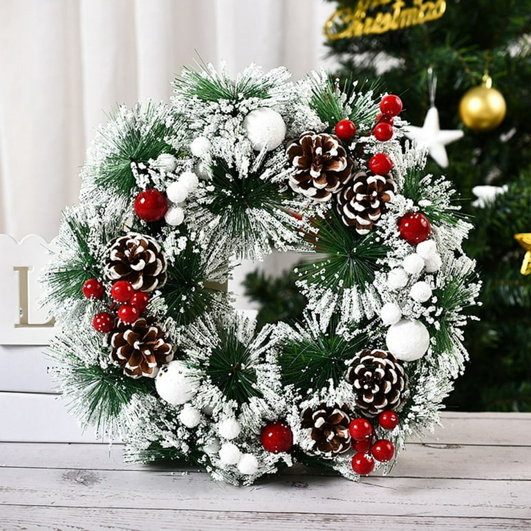 12.6in Christmas Wreath for Front Door,Snow Green Rattan Pinecone