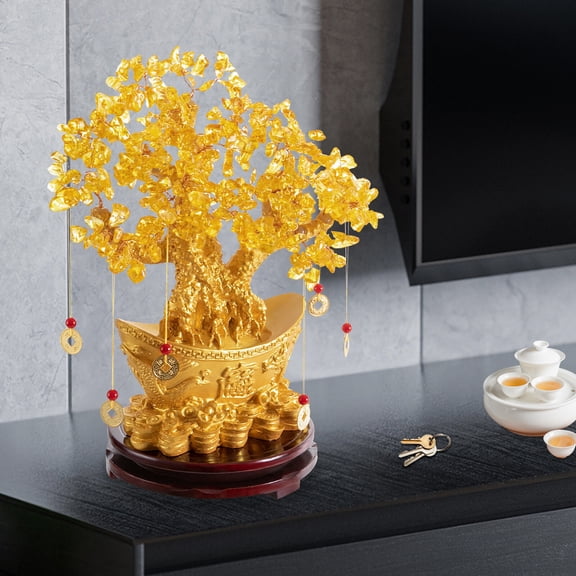 12.6in Citrine Money Tree Ornament, Feng Shui Citrine Money Tree Handcrafted Money Coin Tree, Fortune Tree Inviting Wealth and Blessings Decor with Base and Coin Decoration for Home Office Reception