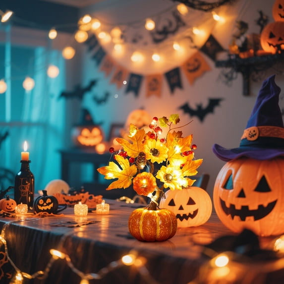 12.6in Fall Pumpkin Lights with Artificial Flower Decoration Autumn Thanksgiving Pumpkins Maple Sunflower Centerpieces for Table Harvest Fall Floral Decor Fireplace Mantle Living Home Kitchen Party