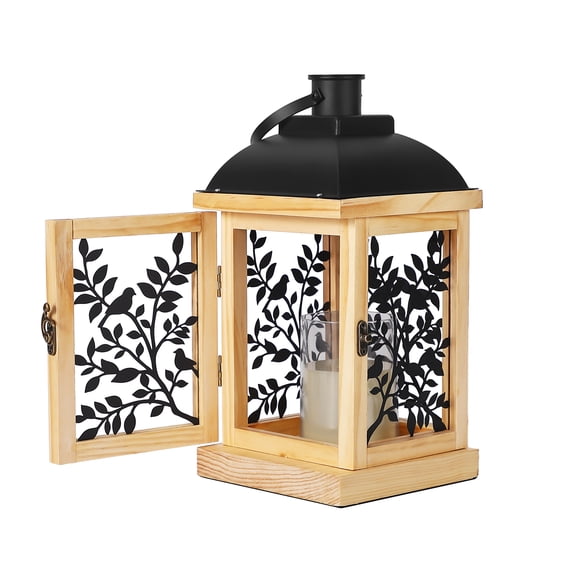 12.6in Wooden Candle Lantern - Rustic Pine & Iron Farmhouse Candle Holder for Table Centerpiece, Indoor/Outdoor