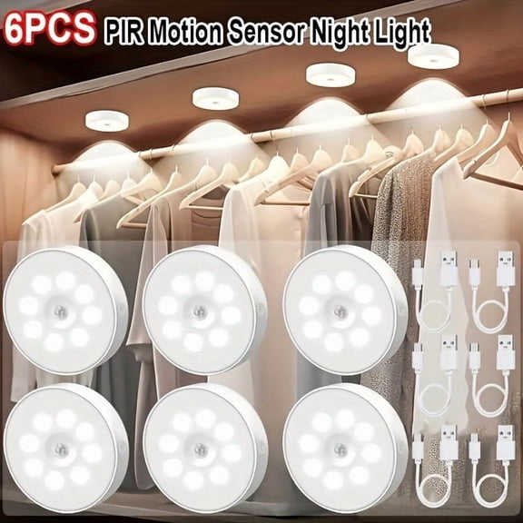12/6pcs Bright LED Motion Sensor Night Lights, USB Rechargeable Wall Lamp, Dual Mode (Motion/Steady), Adjustable Brightness, Magnetic Adhesive Under Cabinet Lighting for Kitchen, Hallway, Stairs