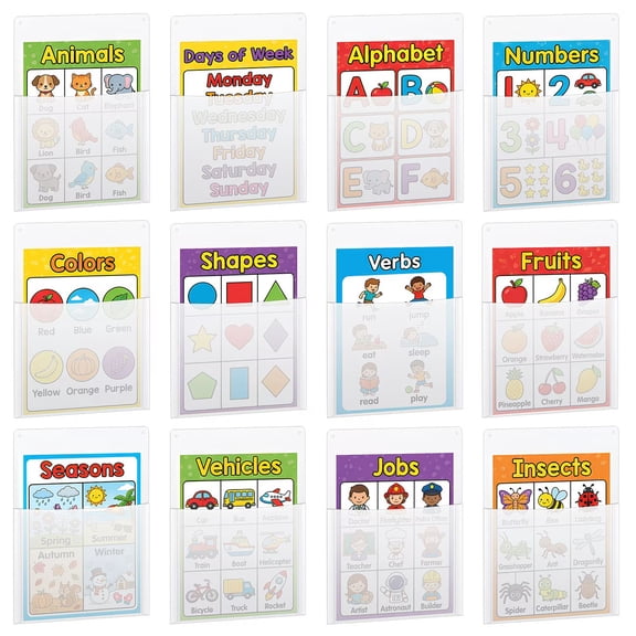 12.6x9.4 Inch Clear Plastic Wall Pockets Set of 12  Oversized Hanging File Holder & Mail Organizer for Classroom, Home Office, School & Cubicle