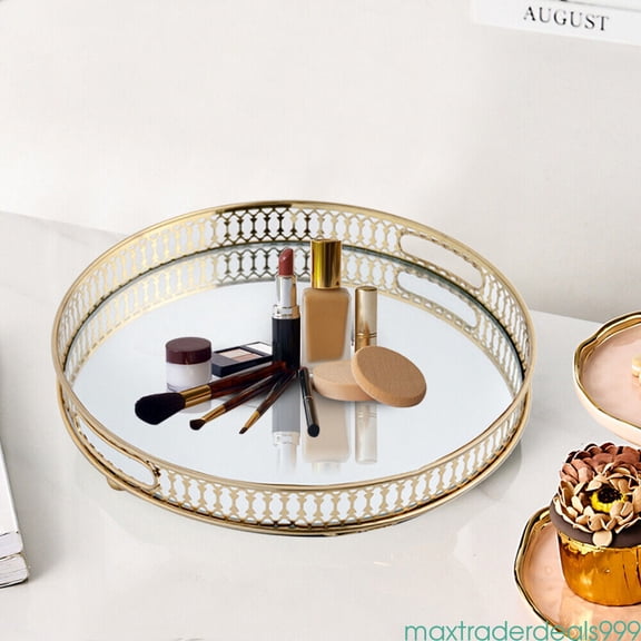 12.7" Decorative tray Round metal vintage storage compartment mirror tray Gold