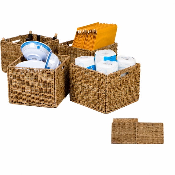 12.7" Foldable Seagrass Storage Basket with Iron Wire Frame by Trademark Innovations (Set of 4)