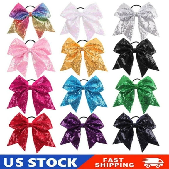 12 7" Large Glitter Cheer Hair Bows Ponytail Holder Elastic Band for Girls Sport