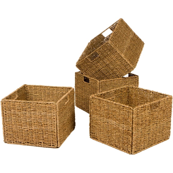 12.7 in Foldable Seagrass Storage Basket with Iron Wire Frame (Set of 4)