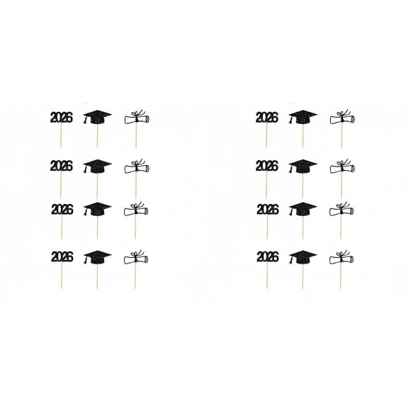 12-72Pc Prom Graduation Cupcake Toppers 2026, Black Gold Glitter Graduation Decorations for Cupcakes, Cakes & Party Desserts