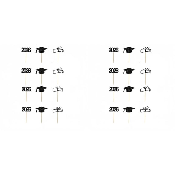 12-72Pc Prom Graduation Cupcake Toppers 2026, Black Gold Glitter Graduation Decorations for Cupcakes, Cakes & Party Desserts