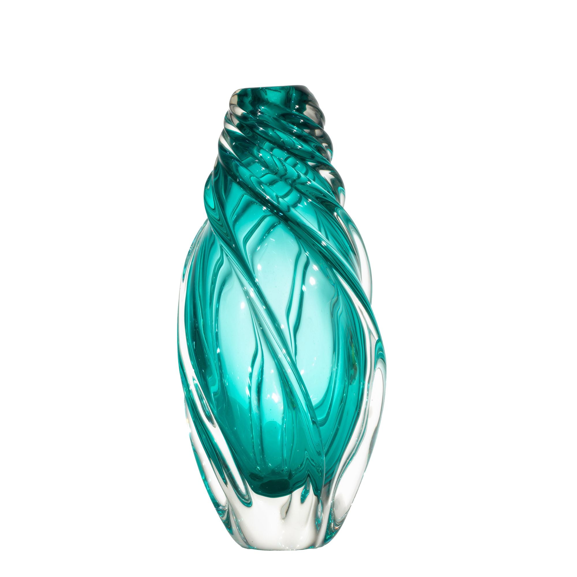 Aqua Swirl Hand Blown Art Glass Vase, 12.75"