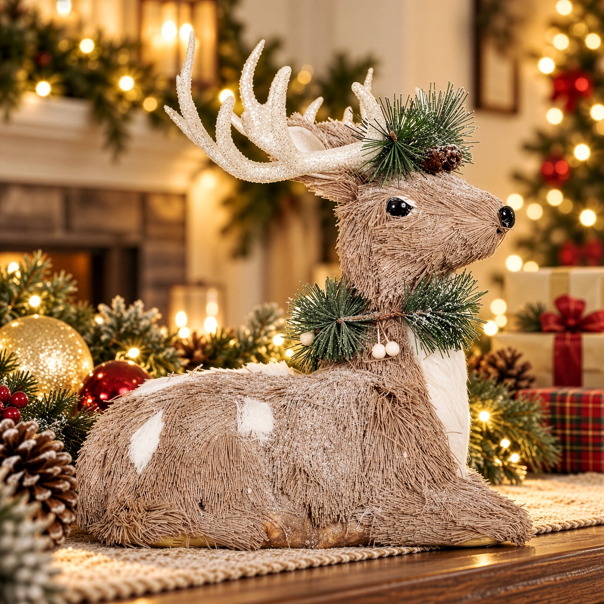 Northlight Sitting Sisal Reindeer with Wreath Christmas Figure - 11.5" - Gray