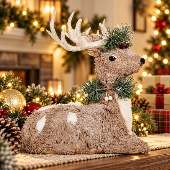 Northlight Sitting Sisal Reindeer with Wreath Christmas Figure - 11.5" - Gray