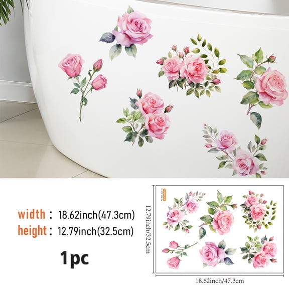 12.79 x 18.62 Inch Pink Rose Floral Self-Adhesive Decal, Peel and Stick Decor Sticker for Bathtub & Sink