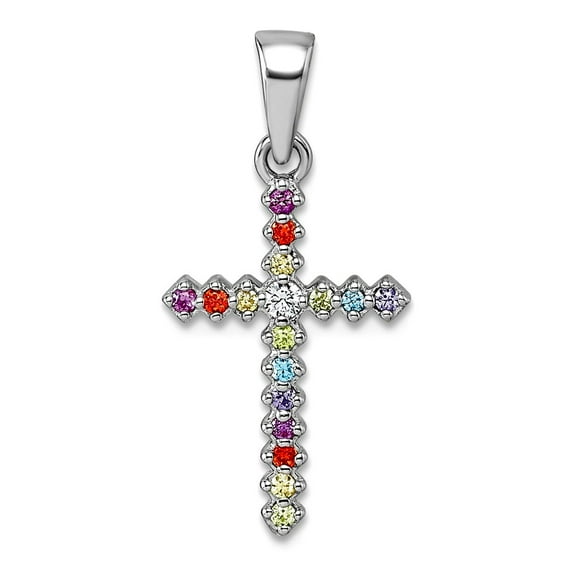 12.7mm 925 Sterling Silver Rhodium Plated Mini Multi Color Cubic Zirconia Religious Faith Cross Pendant Necklace Pendant