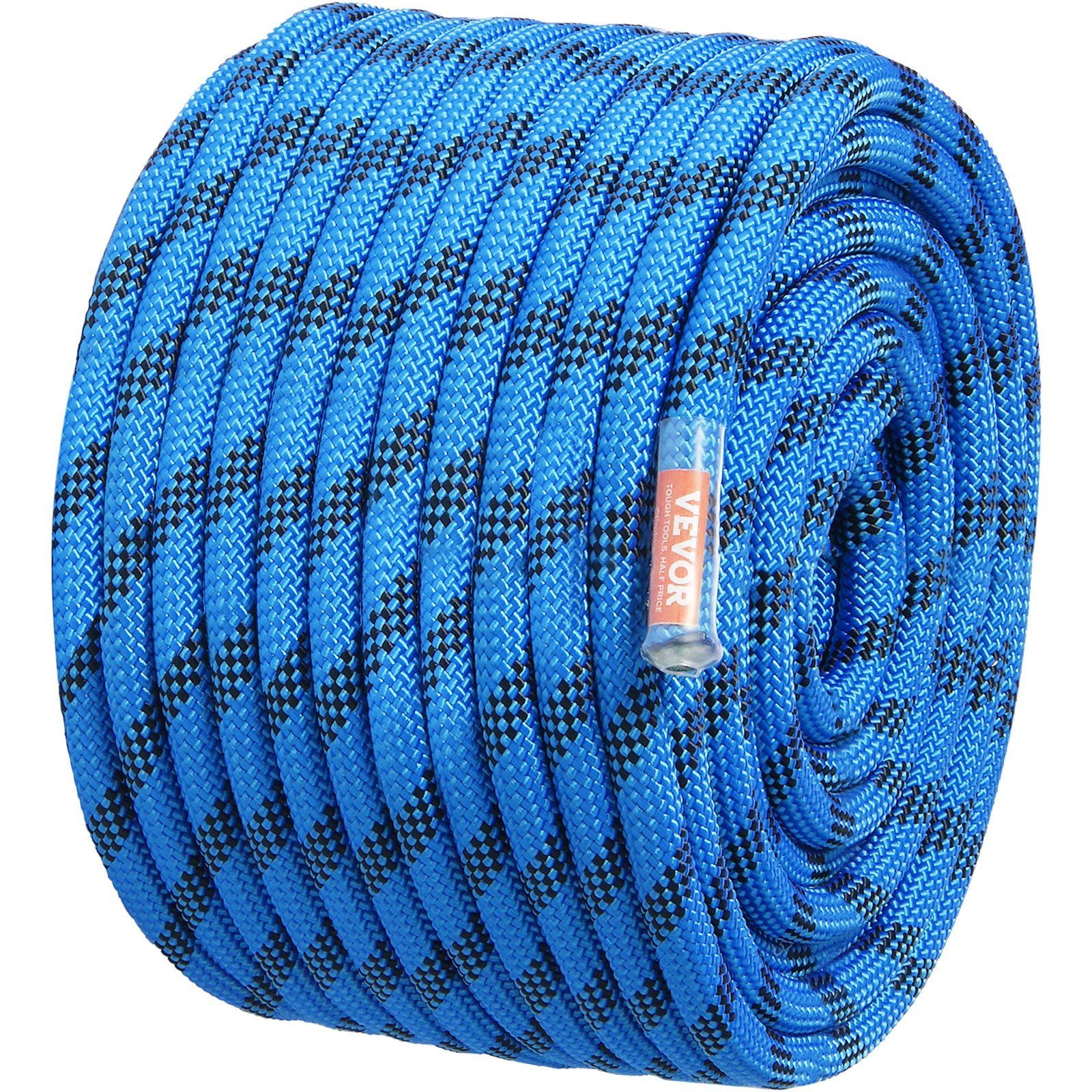 12.7mm Static Climbing Rope 38M 125ft 30KN Breaking Tension Fiber Rope with Steel Snap Hooks for Escape Rappelling Fire Rescue Blue