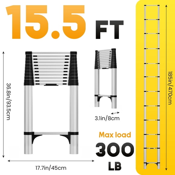 12.8/15.5ft Telescoping Extension Ladder | Stainless Steel Folding Telescopic Ladder with Locking Mechanism | Multi-Purpose Collapsible Ladder (330lbs Bearing) for Home, RV & Outdoor Work