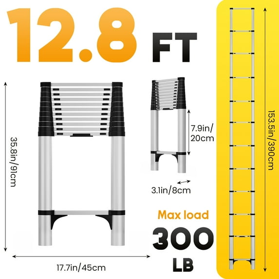 12.8/15.5ft Telescoping Extension Ladder | Stainless Steel Folding Telescopic Ladder with Locking Mechanism | Multi-Purpose Collapsible Ladder (330lbs Bearing) for Home, RV & Outdoor Work