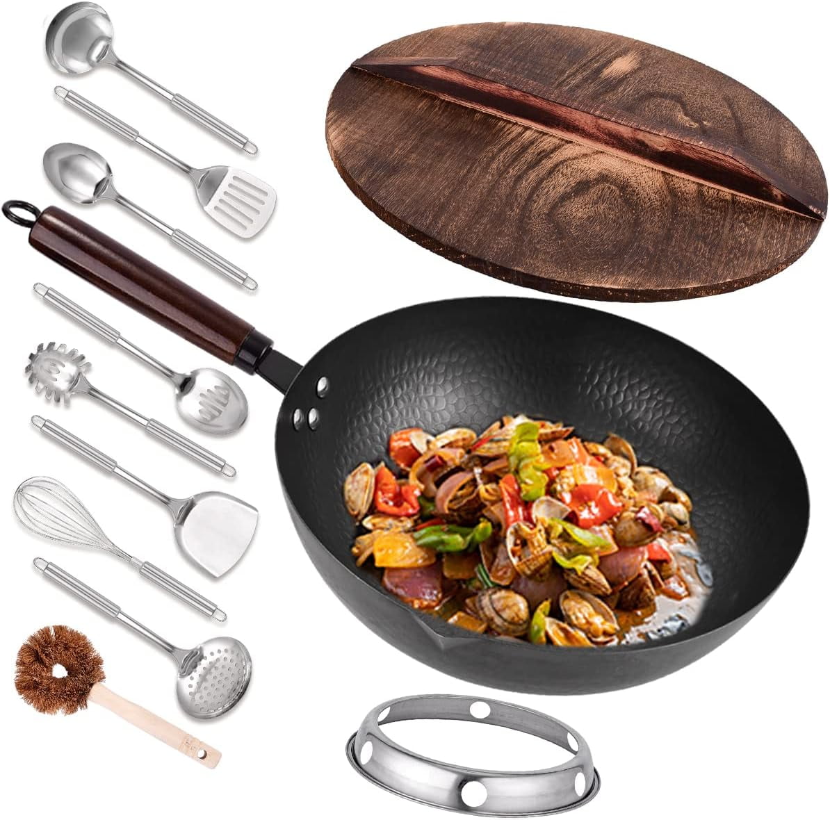 12.8" Carbon Steel Wok with 10 Cookware Accessories and Lid, Flat Bottom for Stovetops