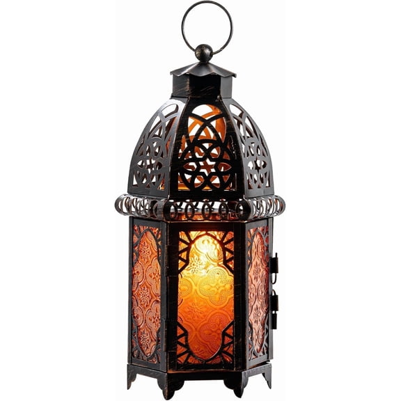 12.8'' Moroccan Lanterns Decorative Indoor & Outdoor, Vintage Christmas Candle Holder, Metal Lanterns Decorative, Table, Patio, Porch, Shelf, Christmas Spring Halloween Home Decor (Amber)