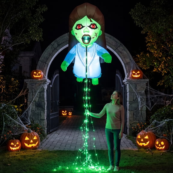 12.8 ft Inflatable Decoration, Adjustable Height 55 to 153.5 Inches, Green LED Lights, Waterproof Oxford Fabric and Stakes, Outdoor Yard Decoration