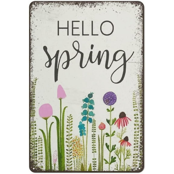 12×8 inch Hello Spring Garden Floral Tin Sign Decor Outside Daisy Welcome Poster Floral Seasonal Yard Decoration Garden Farm Club Cafe Farmhouse Novelty Retro Home Wall Decor Gift