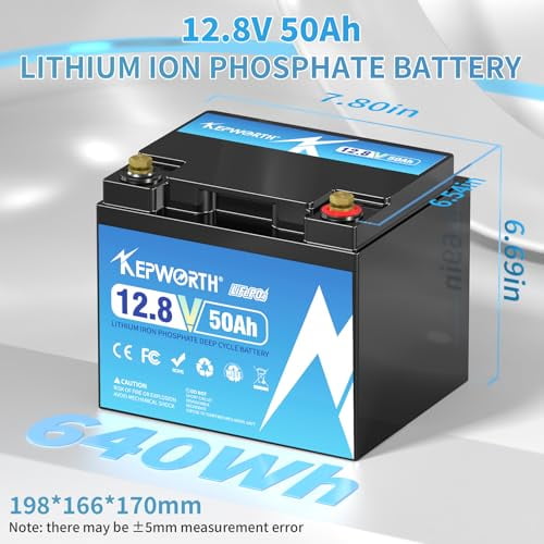 12.8V 50Ah LiFepo4 Battery, Rechargeable Lithium Batteries with 50A BMS, Grade A Lithium Iron Phosphate Battery Cells, for Boat, Fishfinder, RV, Solar
