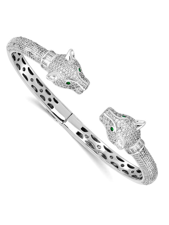 12.8mm 925 Sterling Silver Rhodium Plated Polished Cubic Zirconia Lioness Hinged Cuff Stackable Bangle Bracelet Cuff Bra