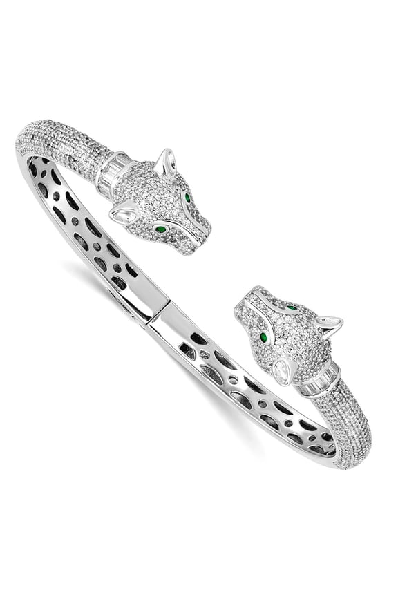 12.8mm 925 Sterling Silver Rhodium Plated Polished Cubic Zirconia Lioness Hinged Cuff Stackable Bangle Bracelet Cuff Bra