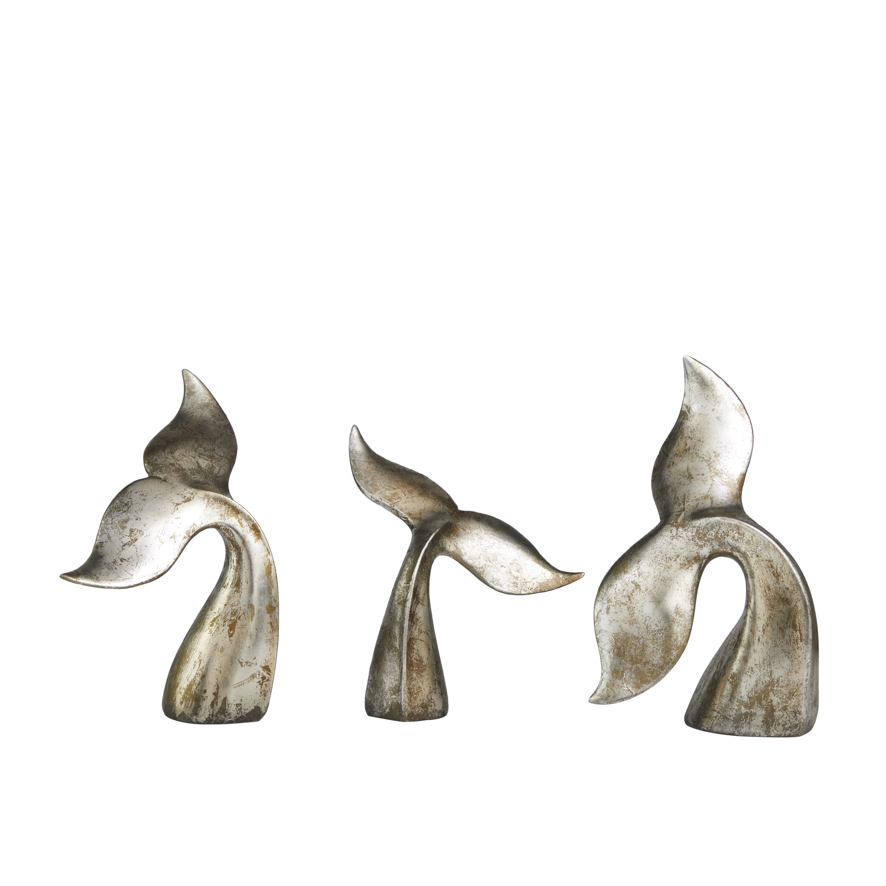 12, 9, 11"H Silver Polystone Whale Sculpture with Various Sized Tails and Copper Distressing, by DecMode (3 Count)