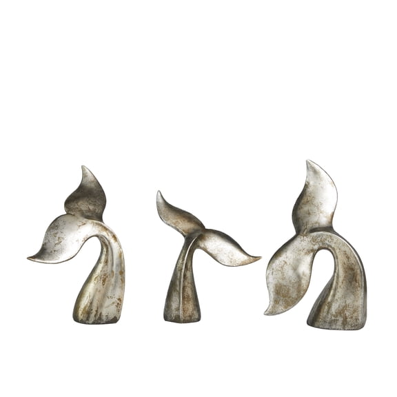 12, 9, 11"H Silver Polystone Whale Sculpture with Various Sized Tails and Copper Distressing, by DecMode (3 Count)
