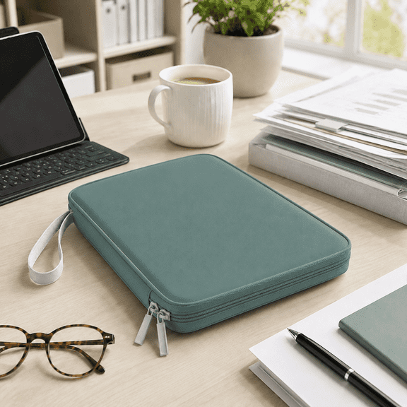 12.9 inch Multi-Pocket Water-Resistant PU Tablet Carrying Case for Accessories Green