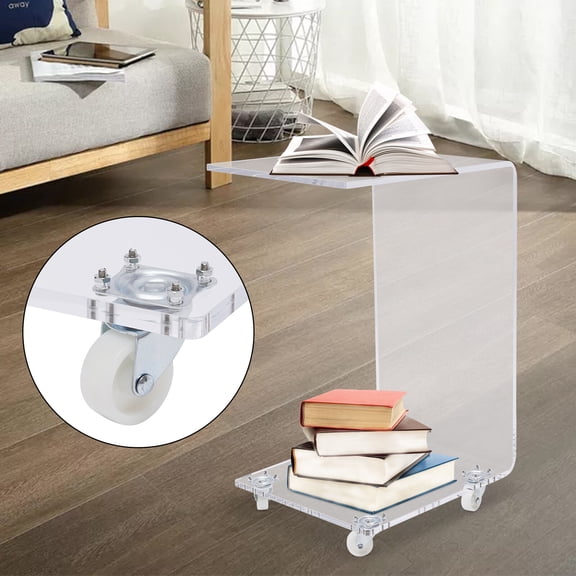 12.99*13.98*23.62 Modern Clear Acrylic Sofa Side Table Transparent C Shaped End Table with Rollers
