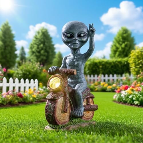 12.99 Inches Solar - Powered Alien Motorcycle Outdoor Decorative Statue. Ideal for adorning courtyards, lawns, and Balconies. Unique Housewarming Gift for Yards$$Garden & Patio