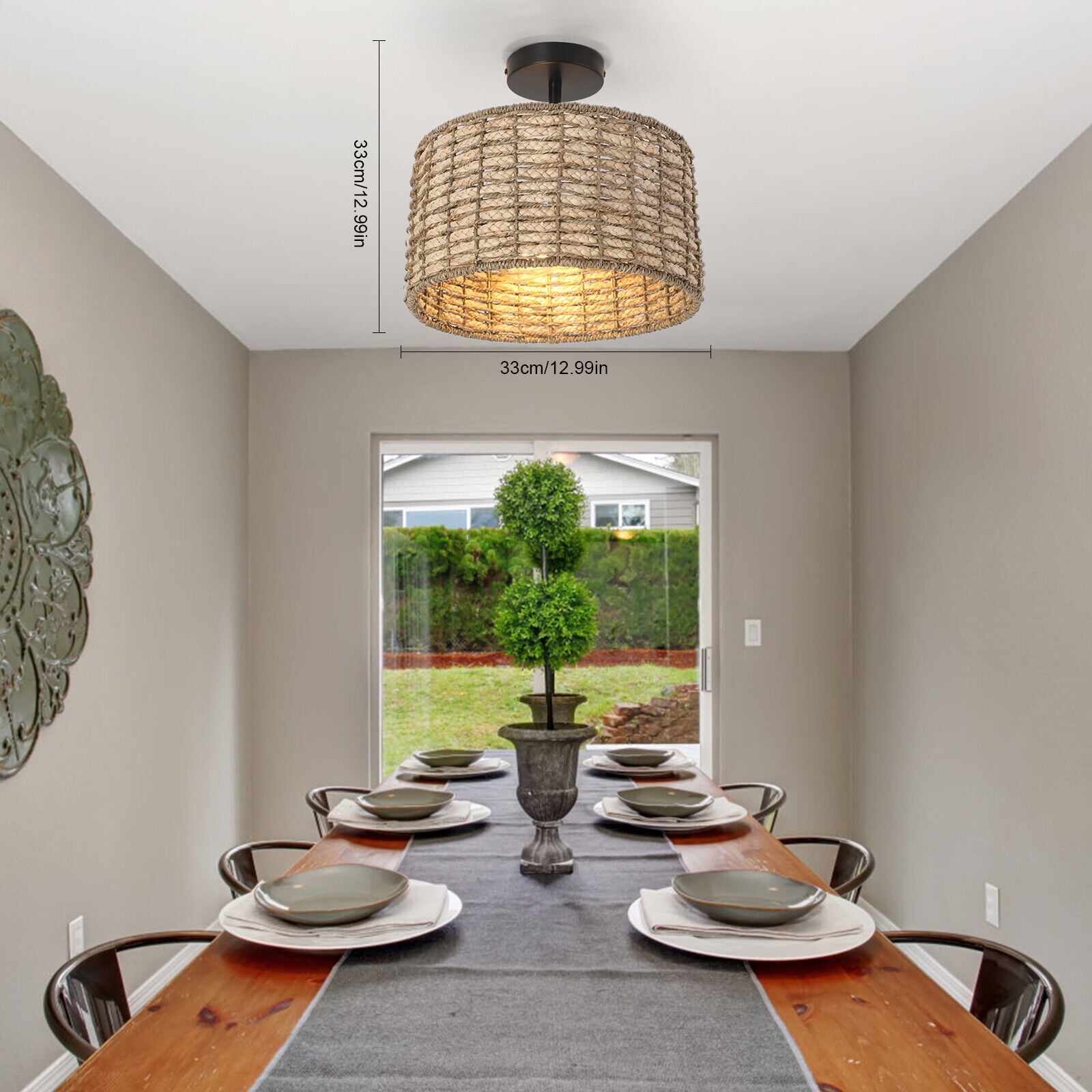 12.99" Vintage Rattan Semi Mount Ceiling Light Cylindrical Chandelier 2-Light 60W 110V