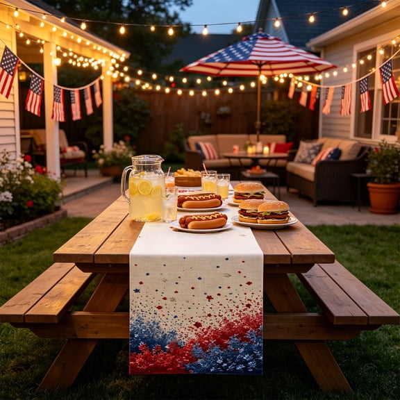 12.99 x 72.05 Inch Flax Table Runner, Star Striped Floral Printed Table Flag, Independence Day Themed Home Textile, Natural Linen Decorative Cloth for Dining Table Cabinet Living Room Indoor Decor