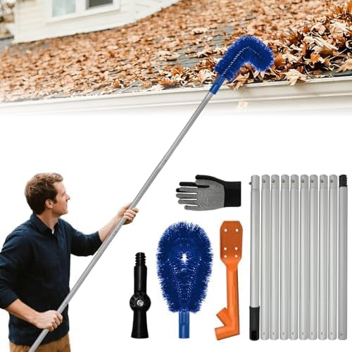 12.9FT Gutter Cleaning Tools from Ground  Aluminum Extension Pole with Bendable Brush, Deep Scoop & Swivel Head, Telescopic Roof Cleaner for Gutters/RV/Home, No Ladder Required$$