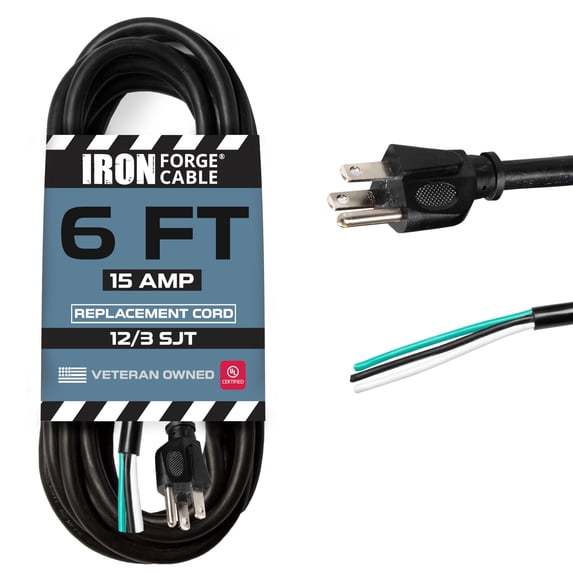 Iron Forge Cable 12 Gauge Power Cord Replacement - 6ft,15 Amp Black Heavy Duty, 12/3 SJT 3 Prong Cable - for Appliances & Power Tools, NEMA 5-15P
