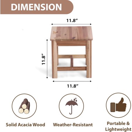 12" Acacia Wood Footstool – Small Natural Step Stool & Under Desk Chair, Indoor Use for Kitchen, Bathroom, Living Room, Durable Multi-Purpose Stool