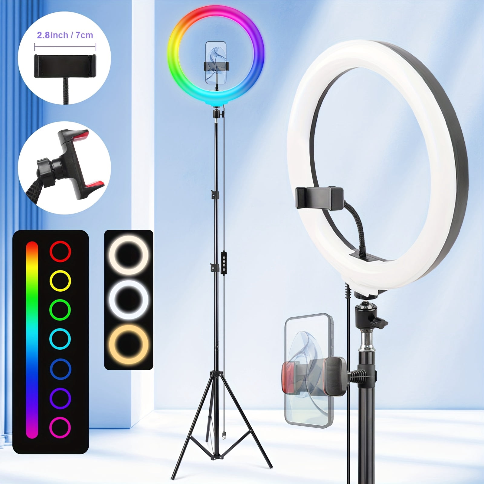 12" Adjustable Ring Light with 63" Tripod, Dimmable RGB LED, USB Powered, Phone Stand & Gimbal Clamp for Live Streaming, Makeup, Selfie