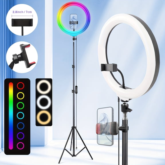 12" Adjustable Ring Light with 63" Tripod, Dimmable RGB LED, USB Powered, Phone Stand & Gimbal Clamp for Live Streaming, Makeup, Selfie