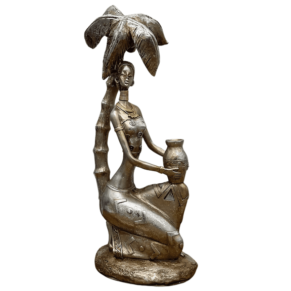 12" African Women Holding Pot Sitting under Coconut Tree Figurine