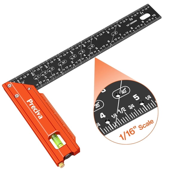 12" Aluminum Carpenter Square (1/16" Scale)- Multifunctional Right Angle Ruler with Level Bubble - Angle Guides for Woodworking, Framing & DIY