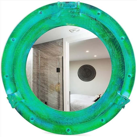 12" Aluminum Porthole Mirror - Green and Blue Finish - Nautical Ship Decor