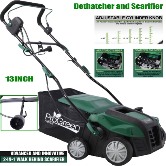 12 Amp 2-in-1 Electric Lawn Dethatcher and Scarifier with Collection Bag & 4-Position Height Adjustment,13-Inch Path, 31.7QT Removable Bag.