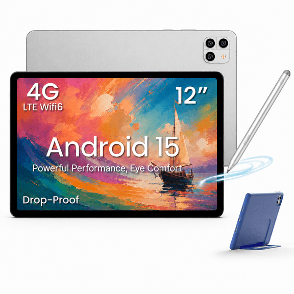 Callsky Tablet 12-Inch, Android 15 Tablet, 4G LTE, 8GB RAM, 256GB Storage, 2K Display, Wi-Fi 6, Stylus & Flip Case