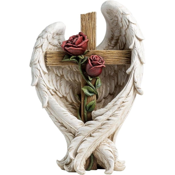 12" Angel Wings Embracing Cross and Rose Garden Statue Memorial Statue for Beloved one